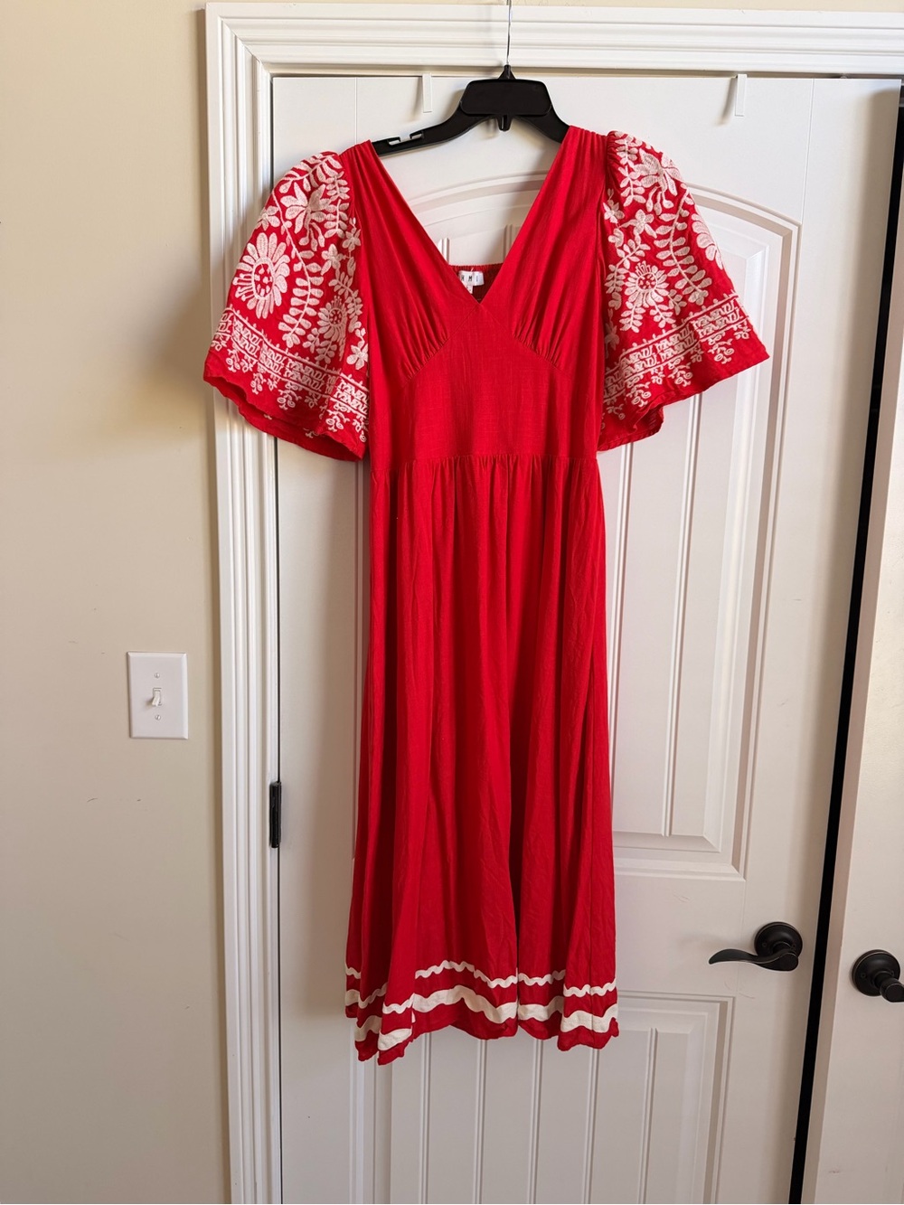 Red Embroidered V-Neck Midi Dress - THML